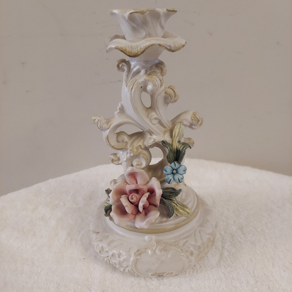 Capodimonte 1875 Marked Italian Porcelain Candlestick Holder with Floral Motifs